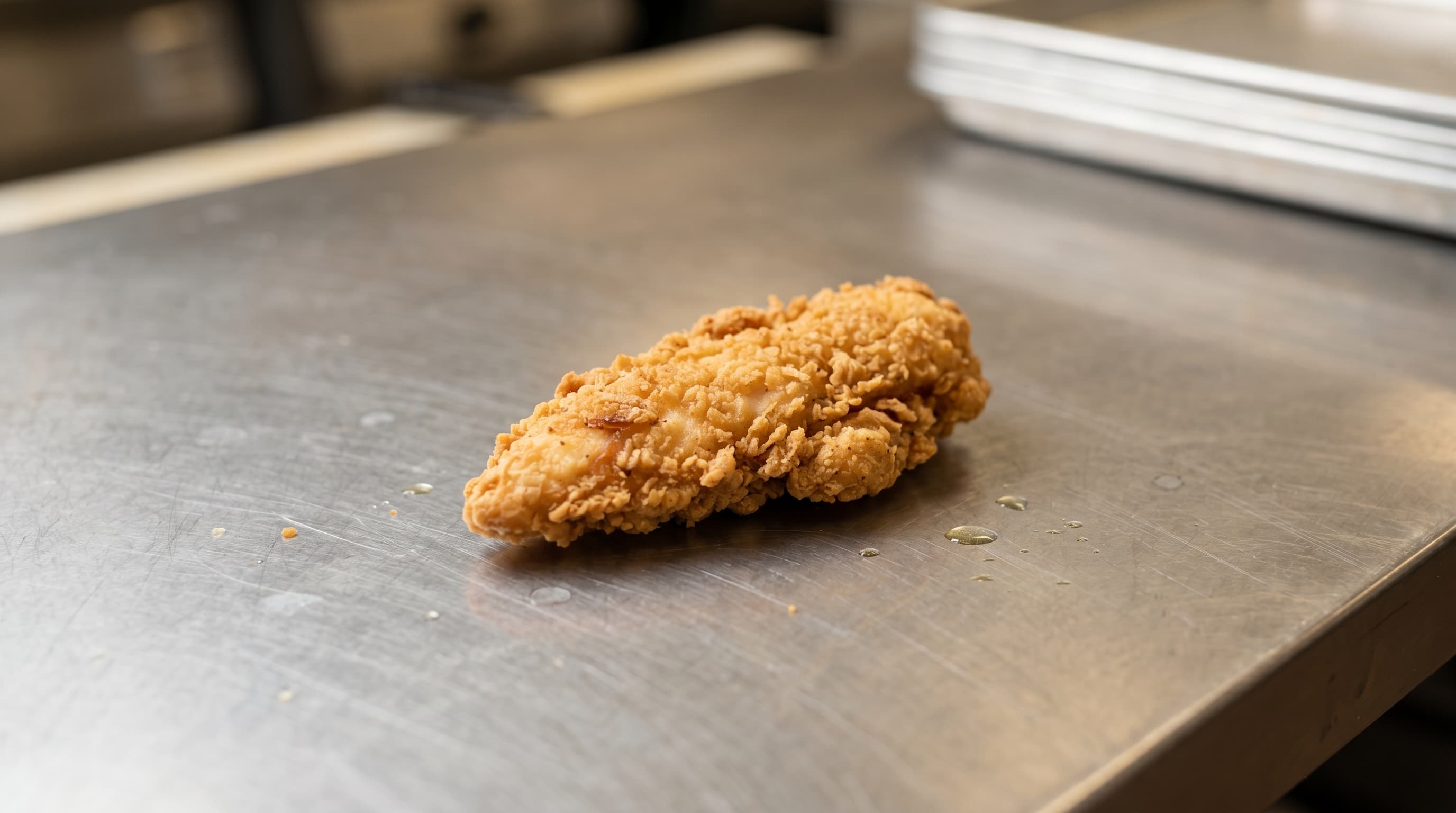 A breaded chicken tender on a stainless prep surface